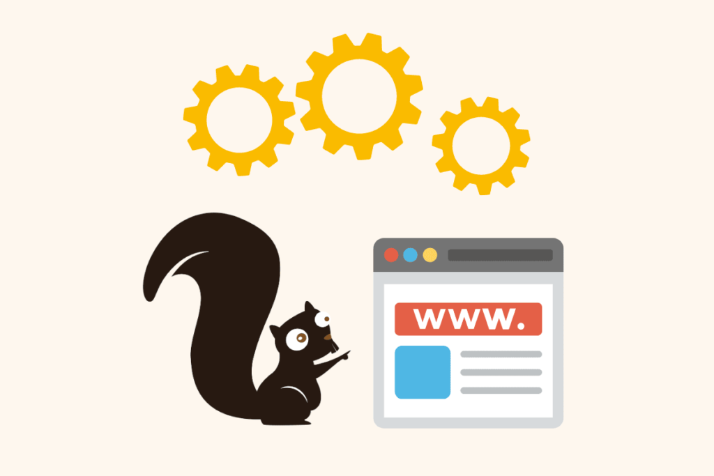 website 101 cartoon squirrel pointing at web page with gears