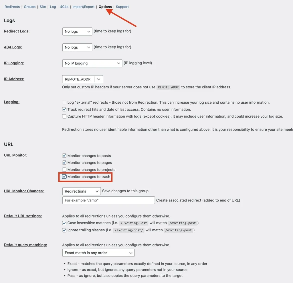 screenshot of where to monitor trash for changes so you can set up redirects