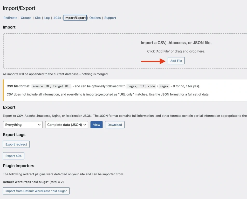 screenshot of bulk url redirect options in the Redirection Plugin