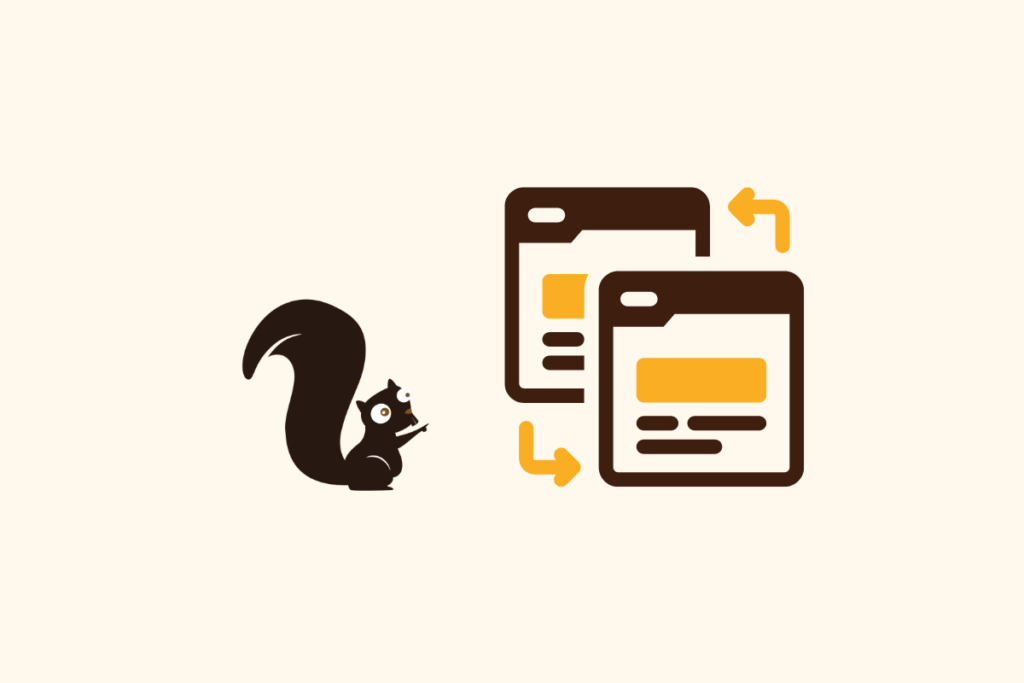 cartoon squirrel pointing at two web page icons that are linking to each other