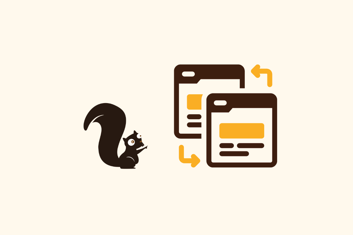 cartoon squirrel pointing at two web page icons that are linking to each other