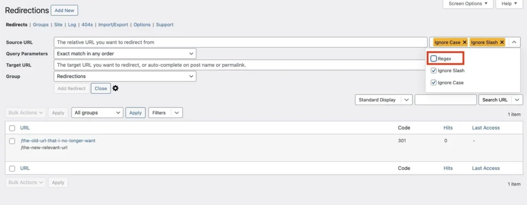 screenshot of the Regex option in Redirection plugin