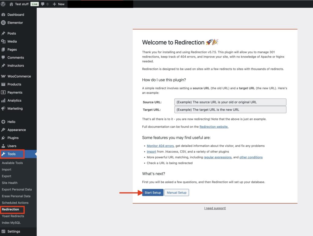 Screenshot of where to start the setup for Redirection