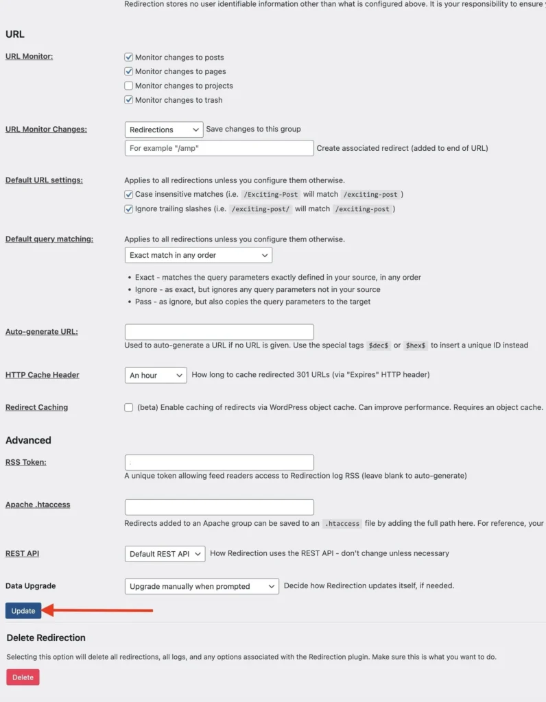 screenshot of update button on the options page of Redirection