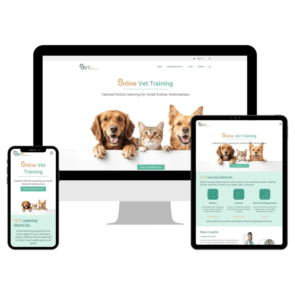 desktop, tablet and iphone preview of a website for an online learning platform for veterinarians