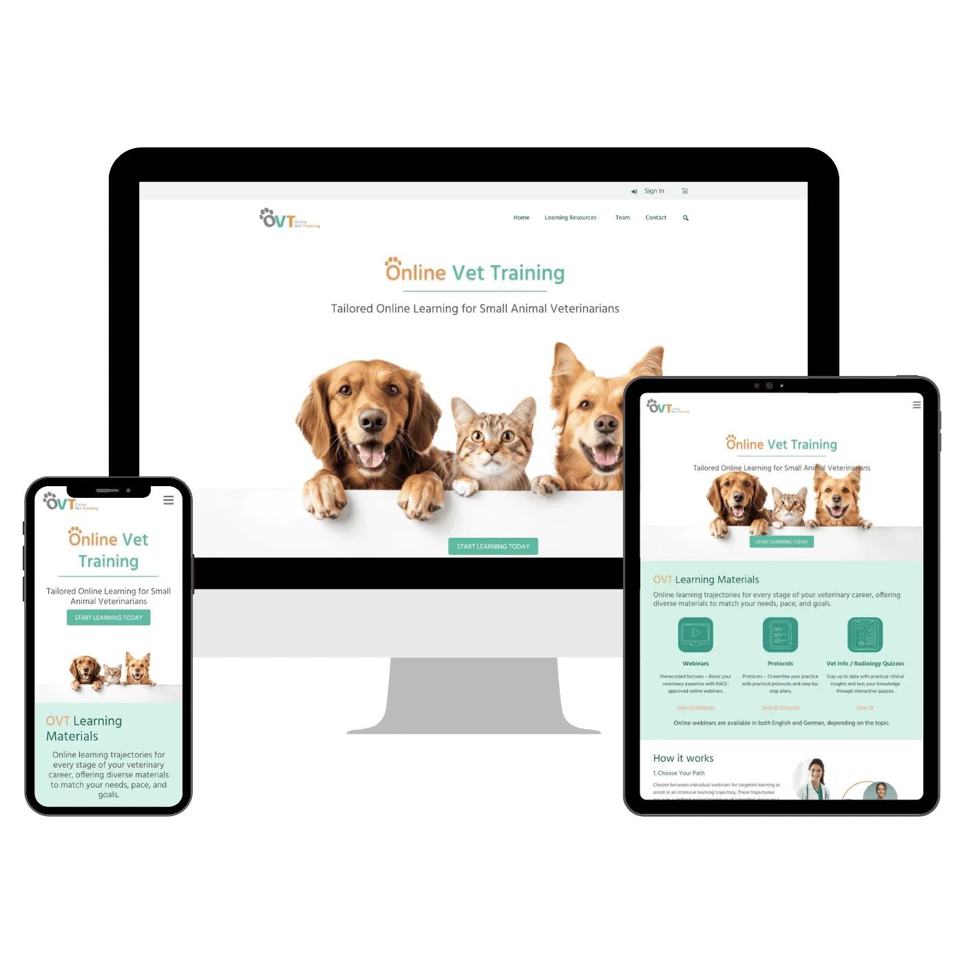desktop, tablet and iphone preview of a website for an online learning platform for veterinarians