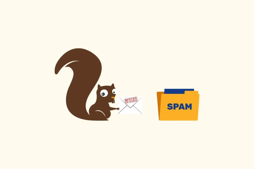 cartoon squirrel with email delivery issues holding an envelope about to add it to a spam folder